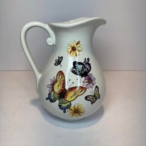 Papel Giftware Water Pitcher 8 Inch Tall Colorful Butterflies & Flower Theme EUC